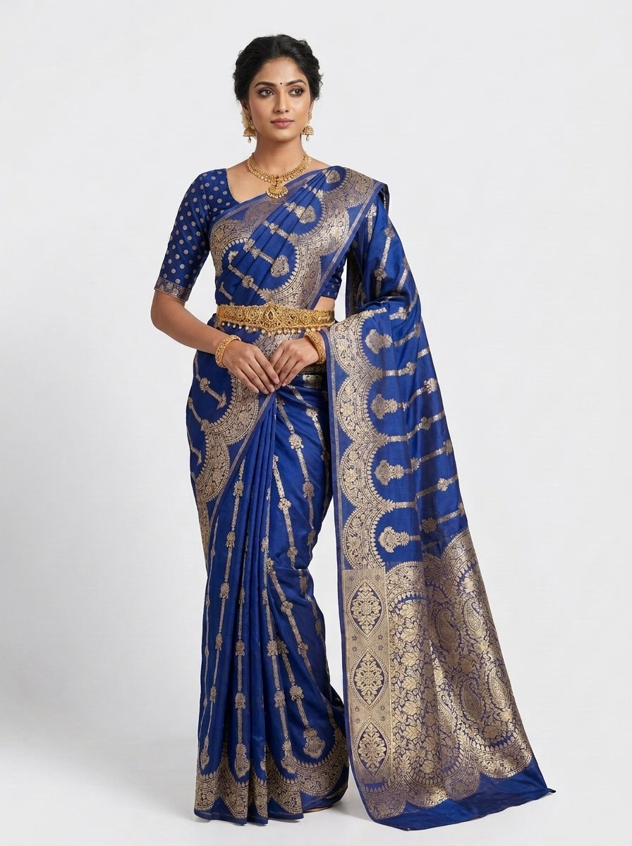 Cobalt Gold Pattu Silk Saree