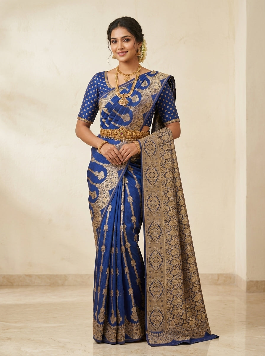 Cobalt Gold Pattu Silk Saree