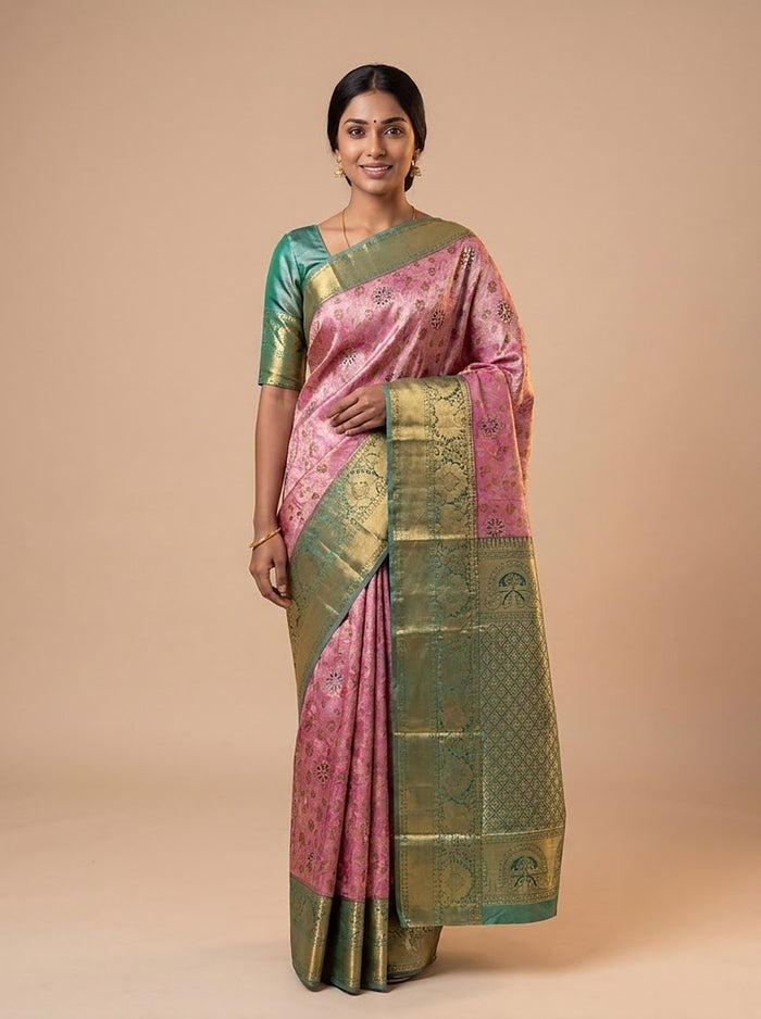 Blush Emerald Pattu Silk Saree — full drape front view