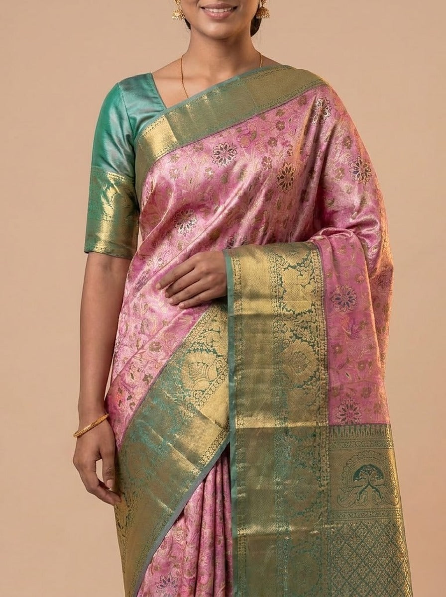 Blush Emerald Pattu Silk Saree — pallu detail, gold zari border