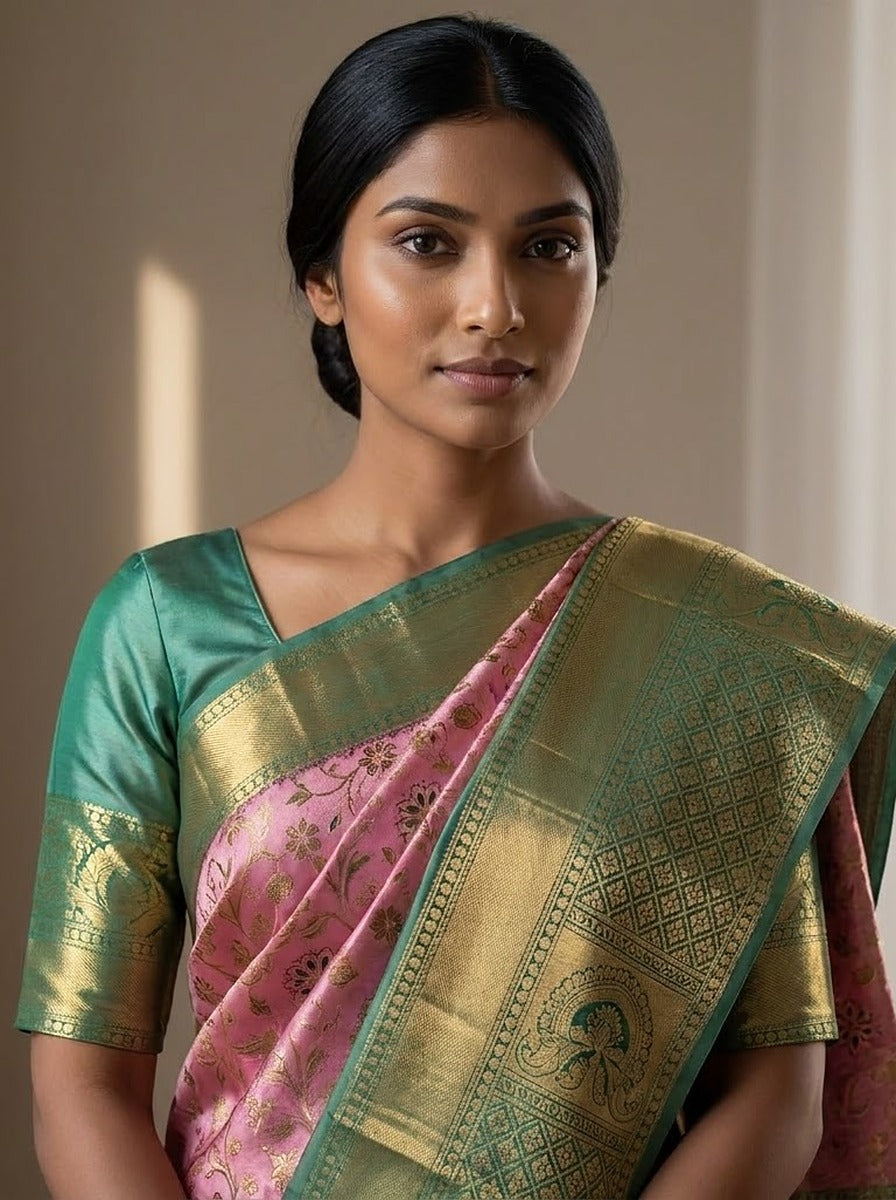 Blush Emerald Pattu Silk Saree — close-up pallu and blouse detail