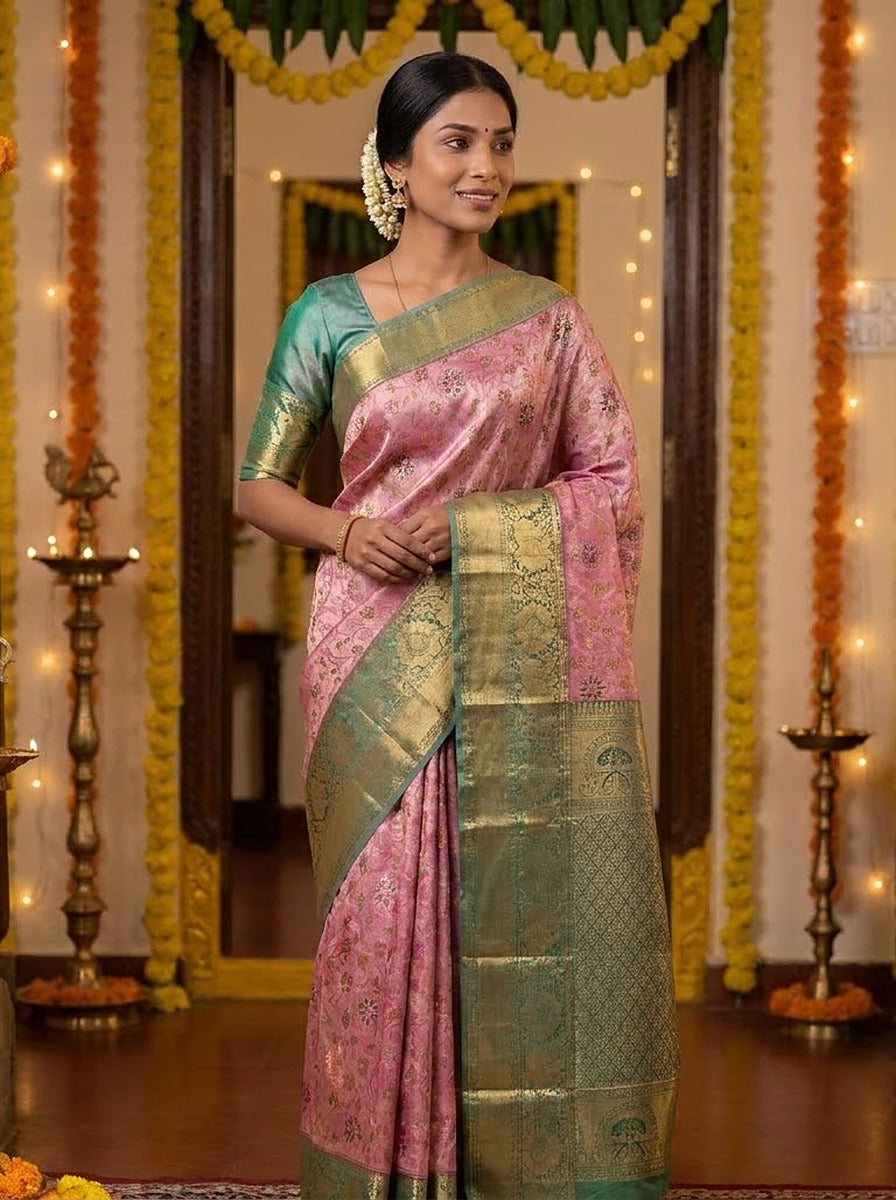 Blush Emerald Pattu Silk Saree — styled full-length view