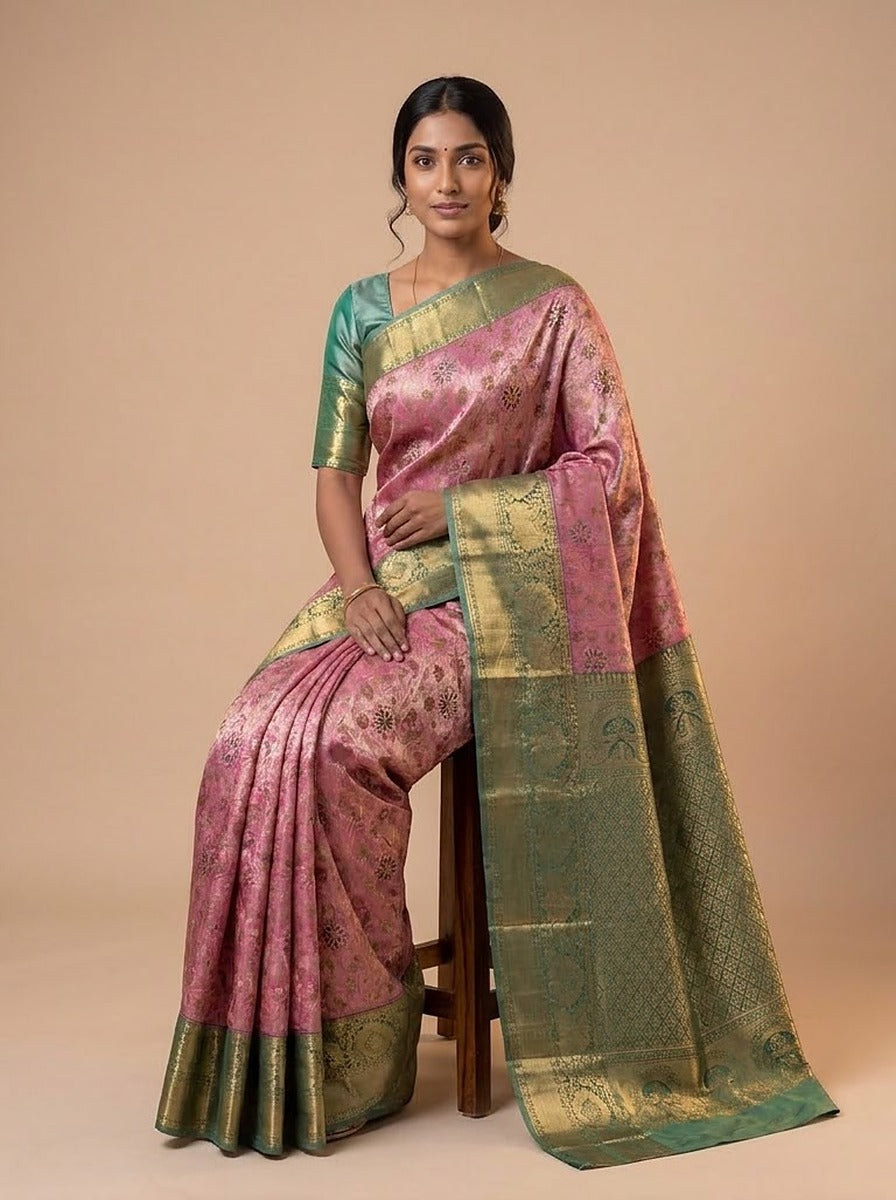Blush Emerald Pattu Silk Saree — styled full-length view, alternate pose