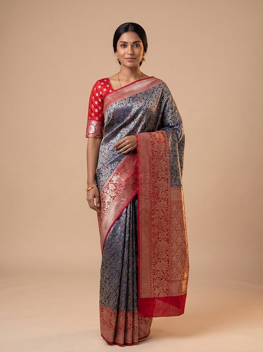 Graphite Ruby Pattu Silk Saree — full drape front view