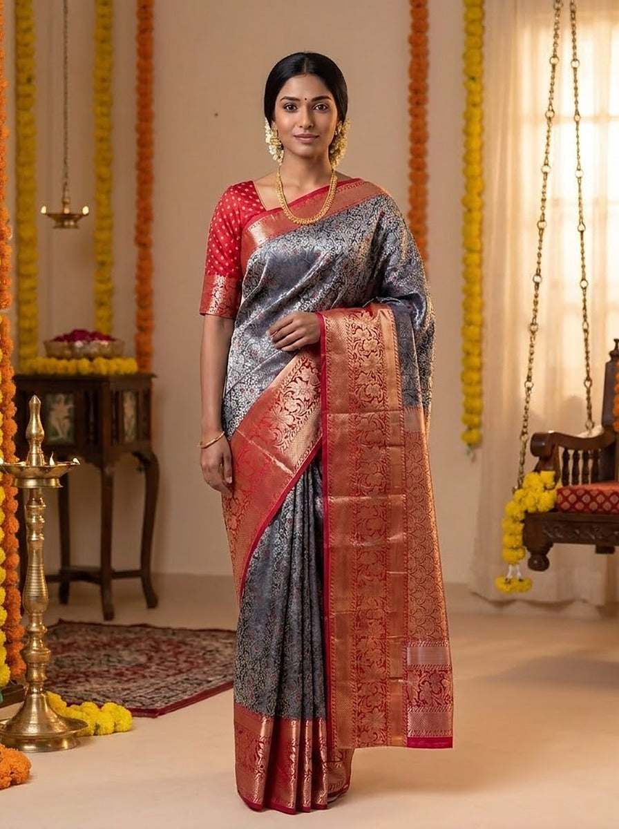 Graphite Ruby Pattu Silk Saree — pallu detail, gold zari border