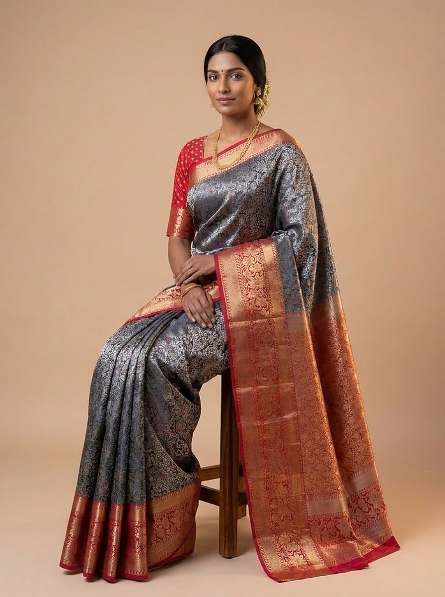 Graphite Ruby Pattu Silk Saree — close-up pallu and blouse detail