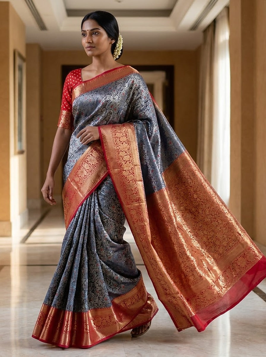 Graphite Ruby Pattu Silk Saree — styled full-length view