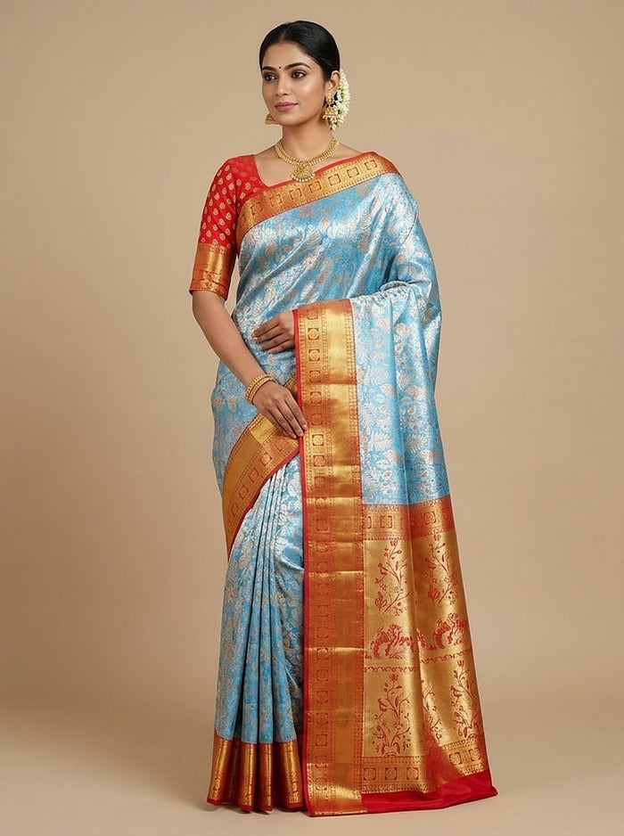 Ice Blue Orange Pattu Silk Saree — full drape front view