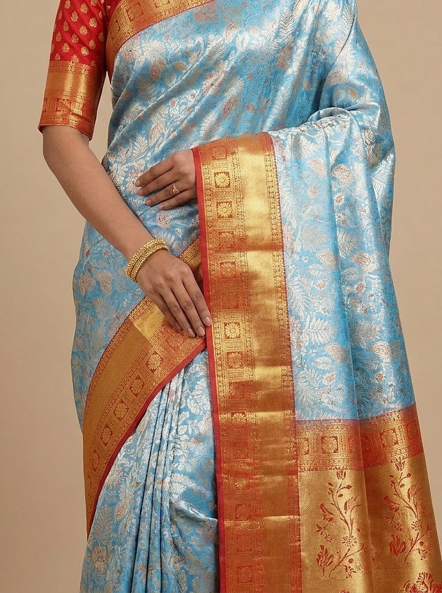 Ice Blue Orange Pattu Silk Saree — pallu detail, gold zari border
