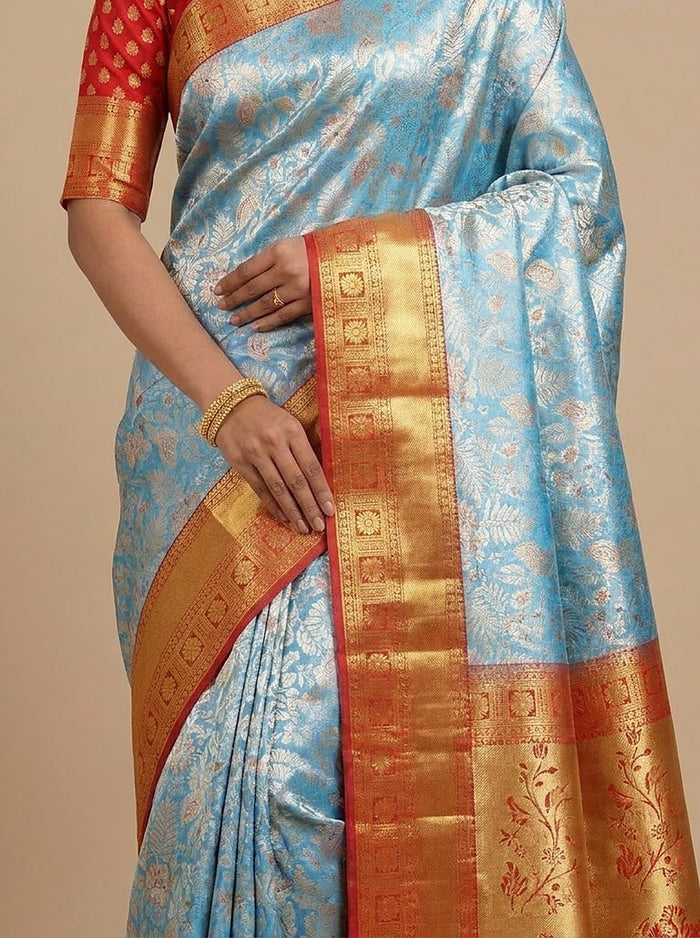 Ice Blue Orange Pattu Silk Saree — pallu detail, gold zari border