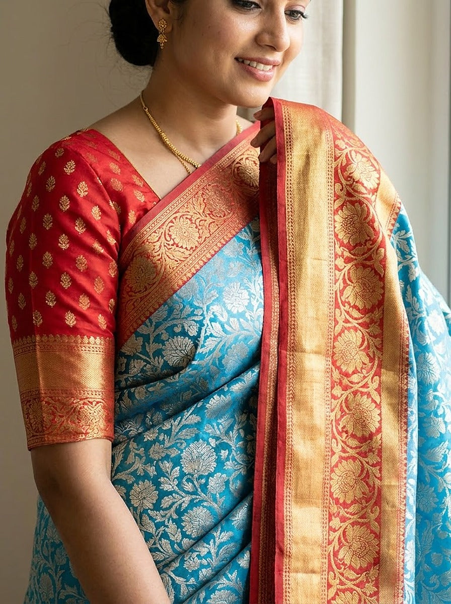 Ice Blue Orange Pattu Silk Saree — close-up pallu and blouse detail