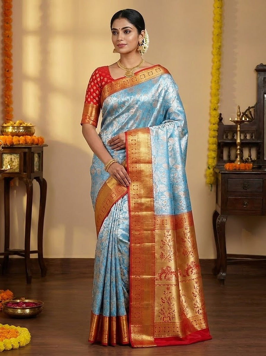 Ice Blue Orange Pattu Silk Saree — styled full-length view
