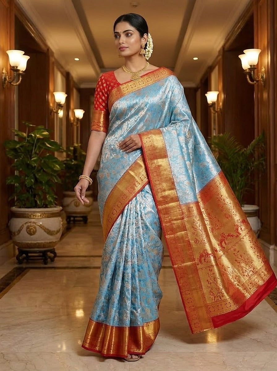 Ice Blue Orange Pattu Silk Saree — styled full-length view, alternate pose