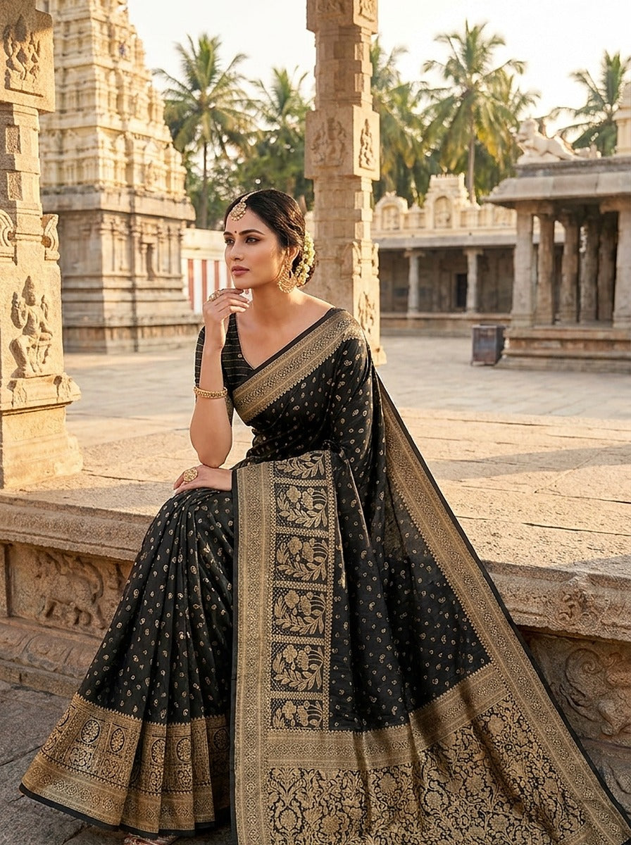 Onyx Gold Pattu Silk Saree — full drape front view