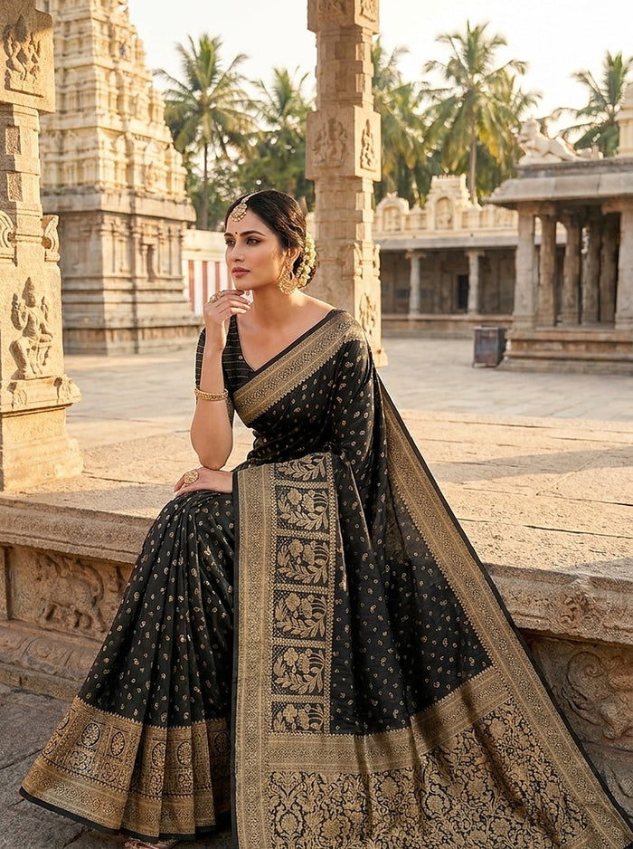 Onyx Gold Pattu Silk Saree — full drape front view