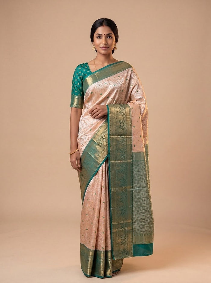 Peach Teal Pattu Silk Saree — full drape front view