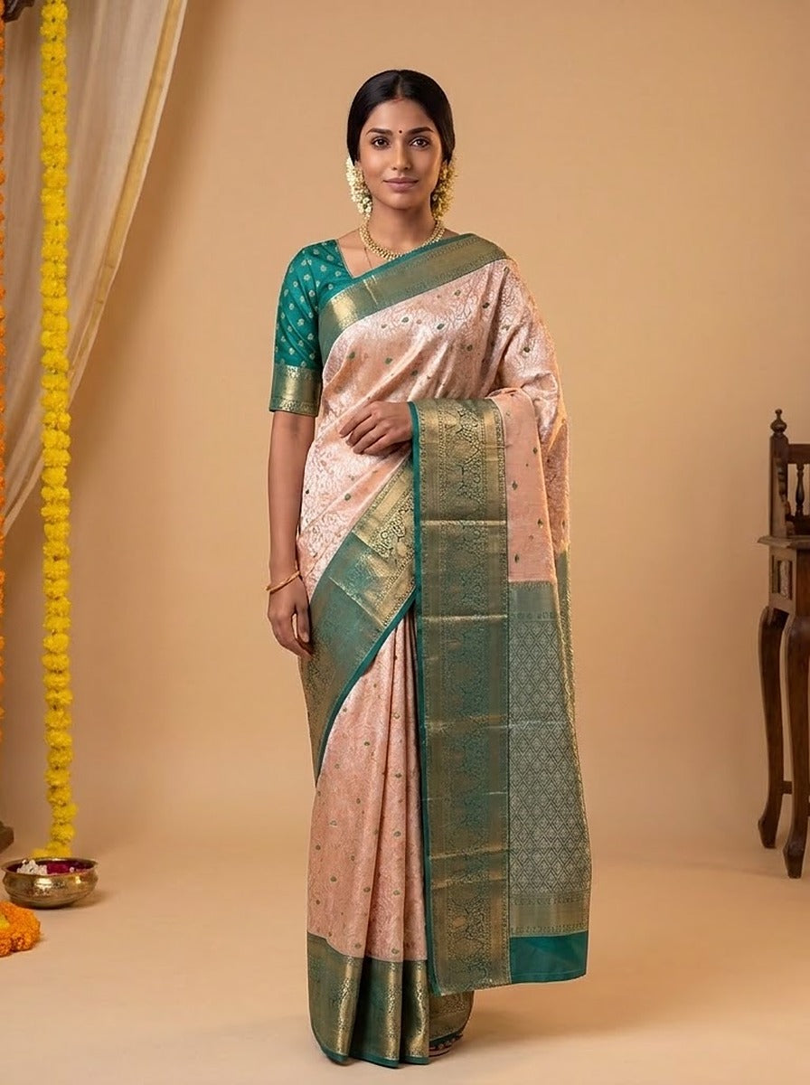 Peach Teal Pattu Silk Saree — pallu detail, gold zari border