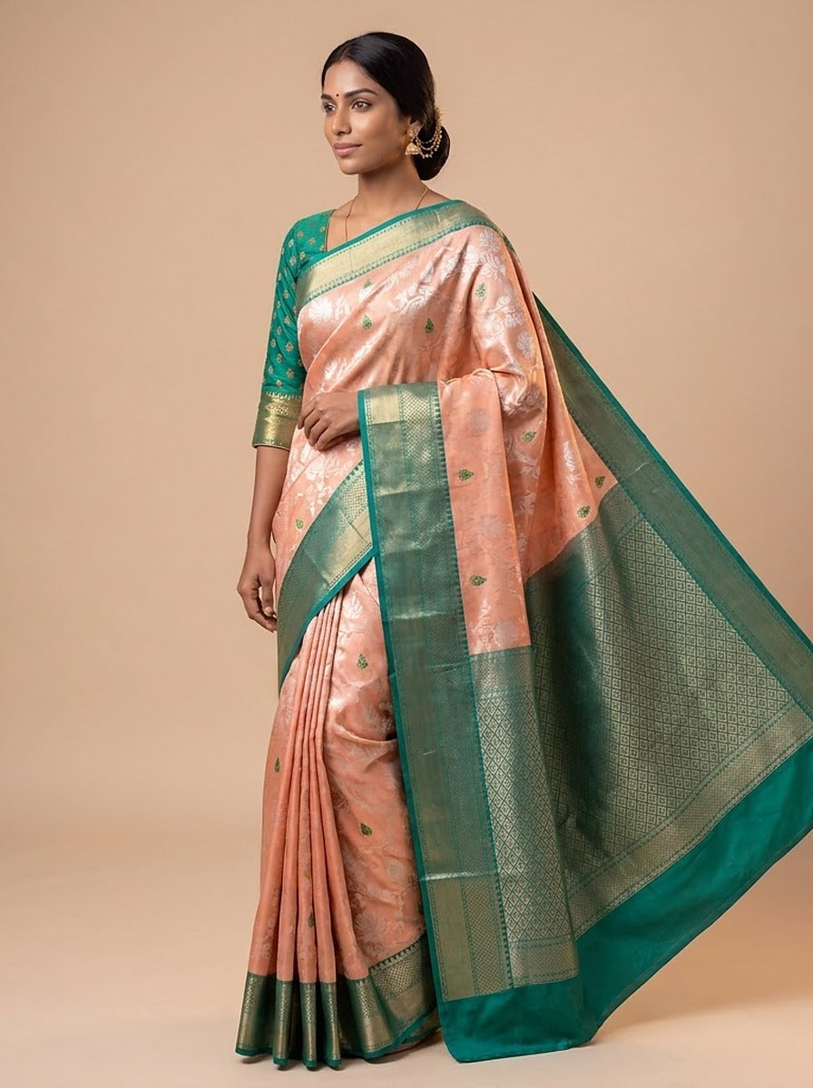 Peach Teal Pattu Silk Saree — close-up pallu and blouse detail