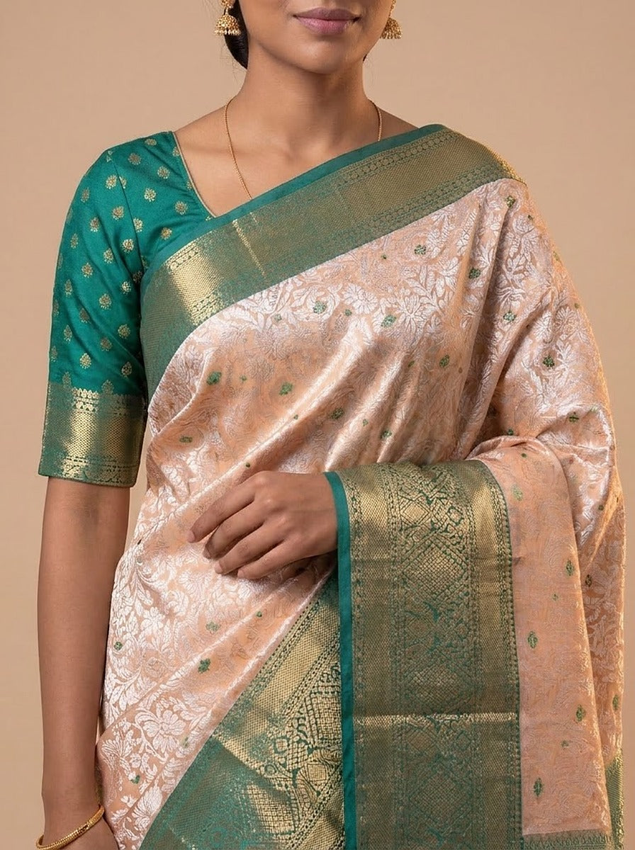 Peach Teal Pattu Silk Saree — styled full-length view