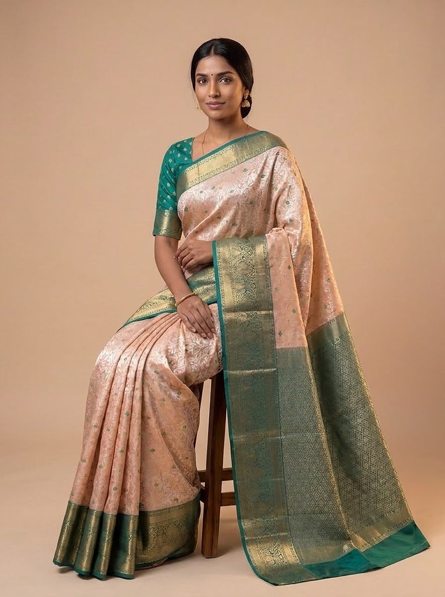 Peach Teal Pattu Silk Saree — styled full-length view, alternate pose