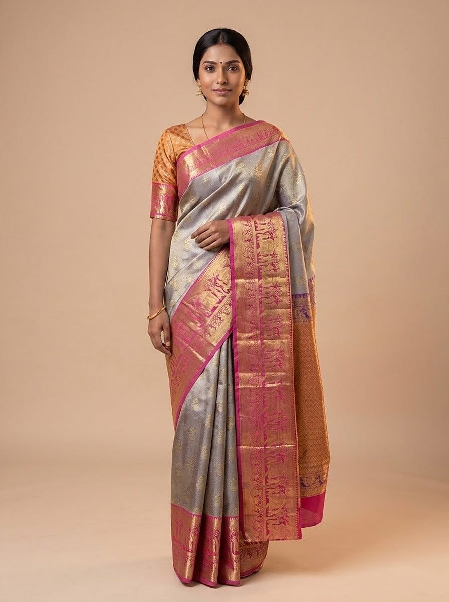 Pearl Pink Pattu Silk Saree — full drape front view