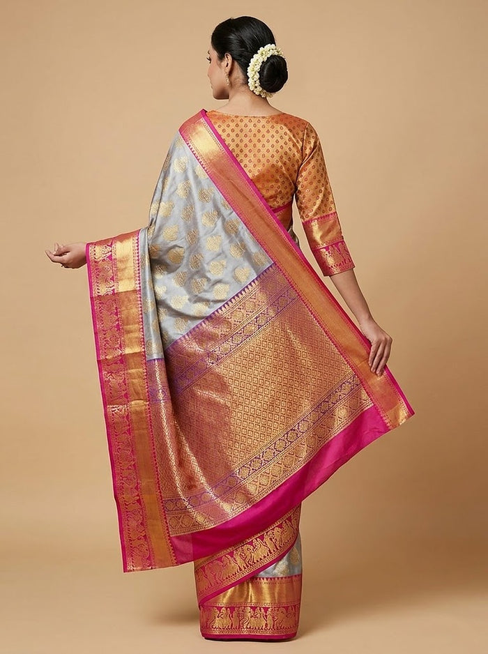 Pearl Pink Pattu Silk Saree — pallu detail, gold zari border