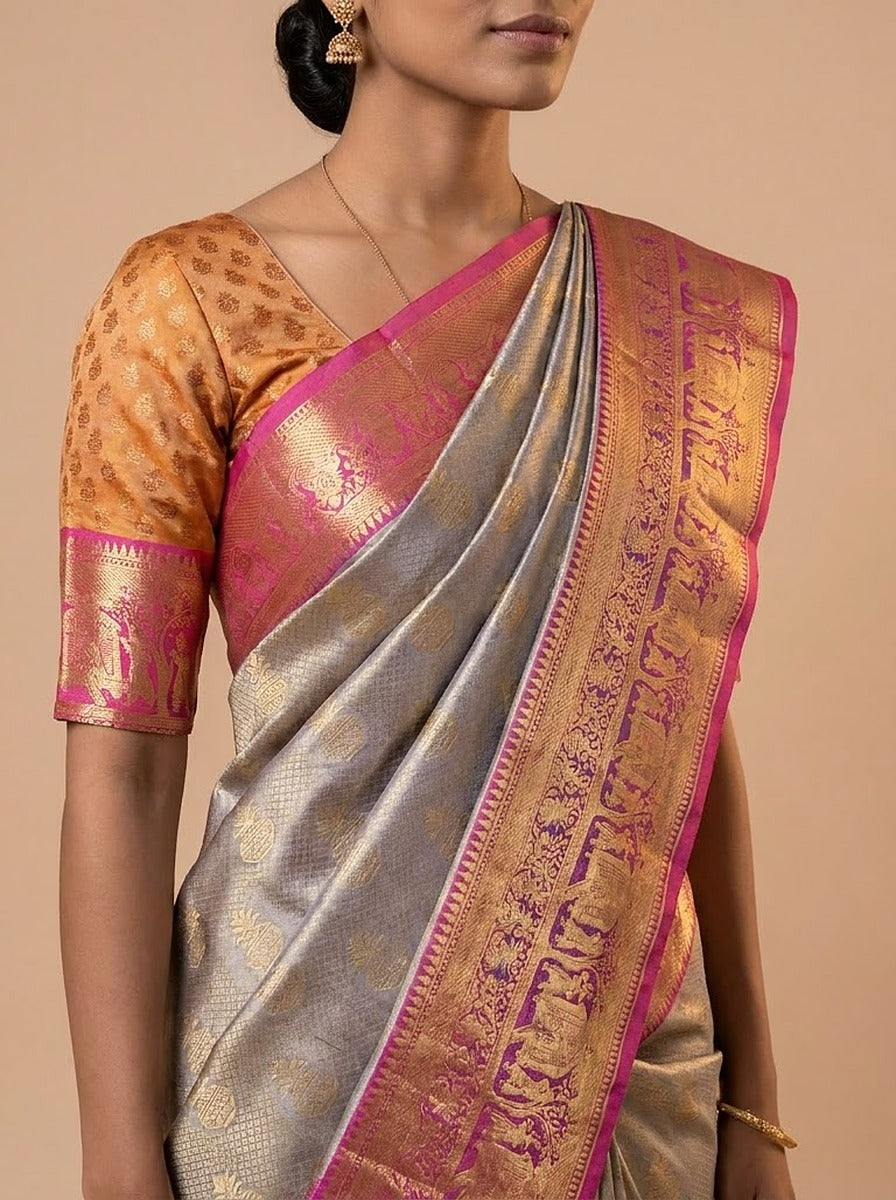 Pearl Pink Pattu Silk Saree — close-up pallu and blouse detail