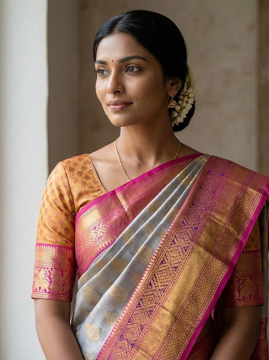Pearl Pink Pattu Silk Saree — styled full-length view