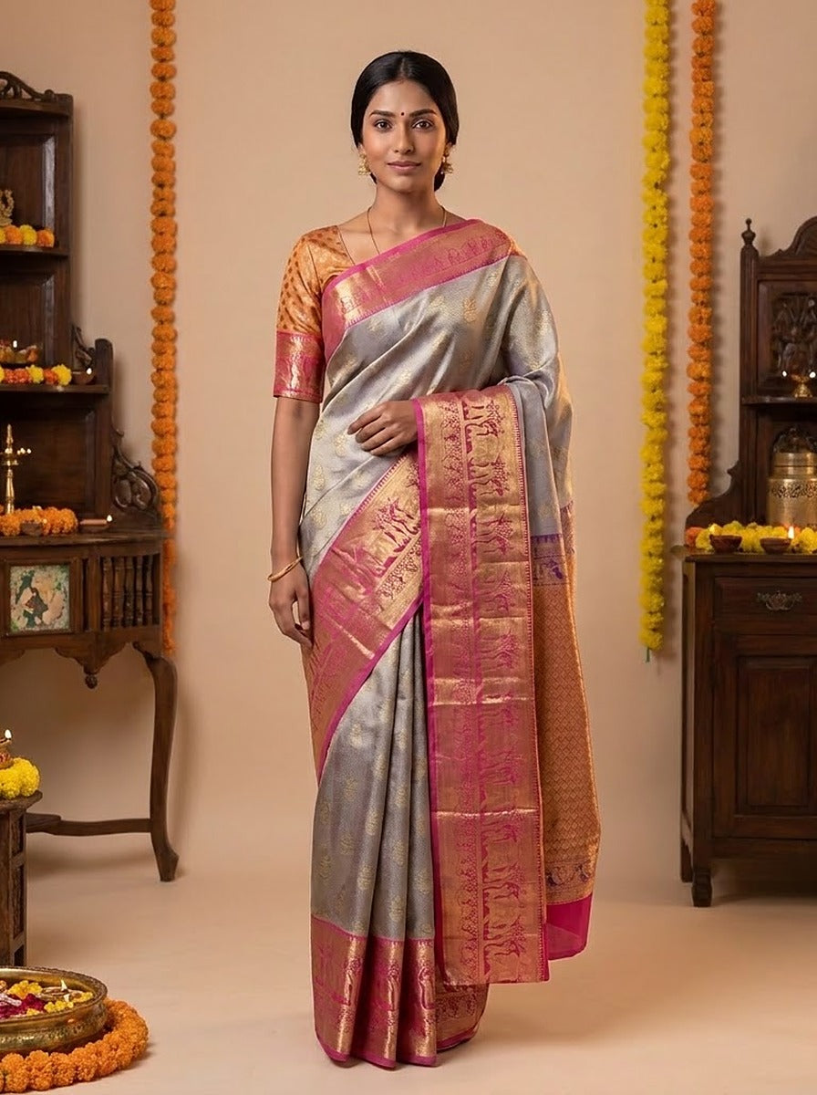 Pearl Pink Pattu Silk Saree — styled full-length view, alternate pose