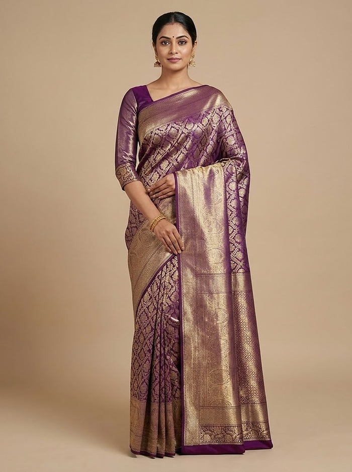 Plum Gold Pattu Silk Saree — full drape front view