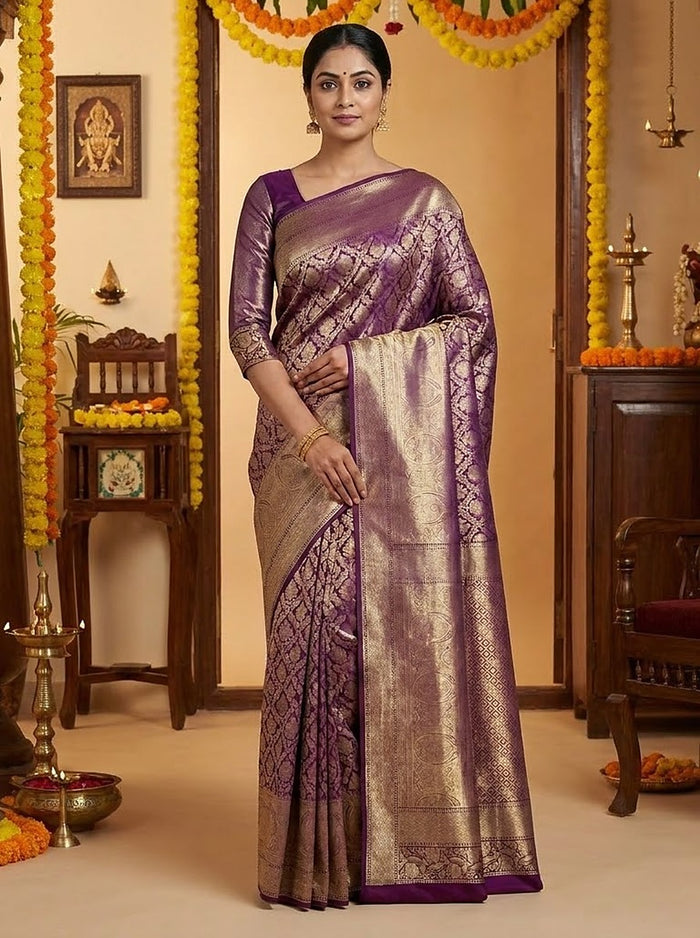 Plum Gold Pattu Silk Saree — pallu detail, gold zari border