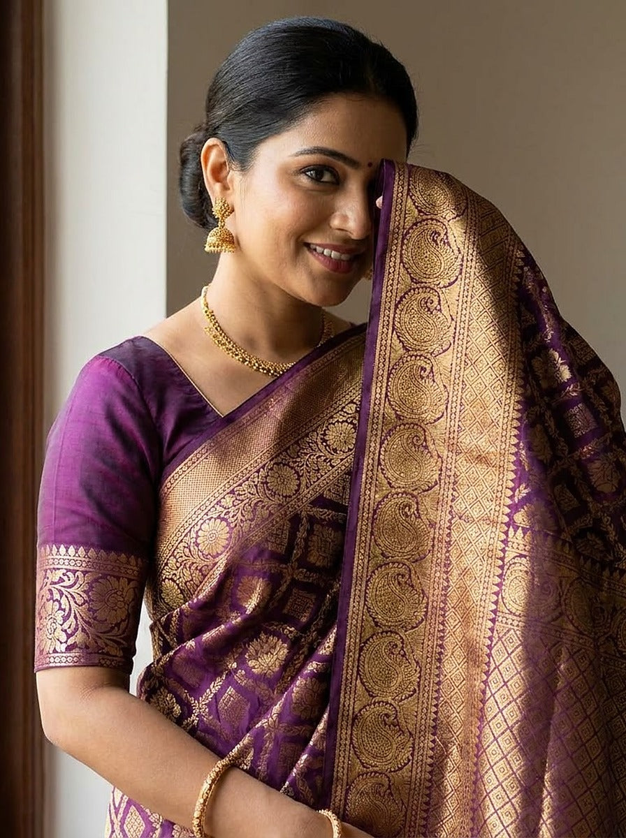 Plum Gold Pattu Silk Saree — close-up pallu and blouse detail