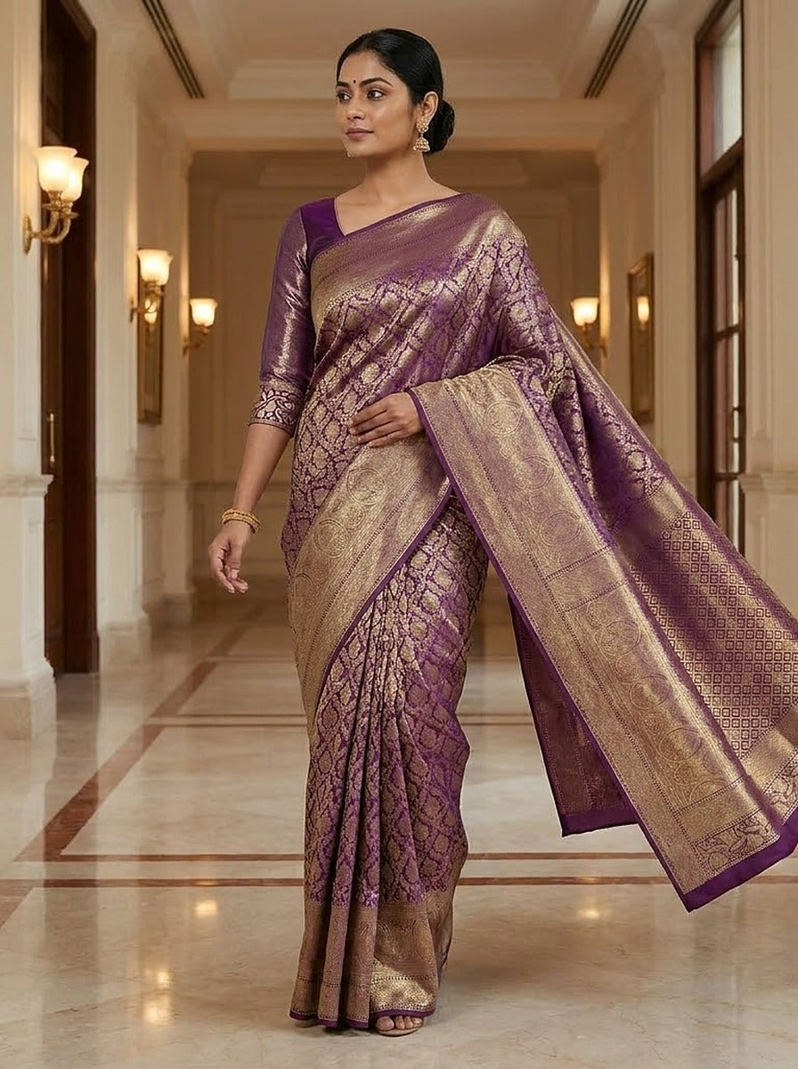 Plum Gold Pattu Silk Saree — styled full-length view