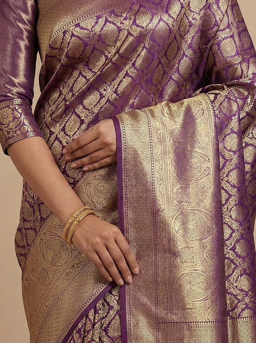 Plum Gold Pattu Silk Saree — styled full-length view, alternate pose