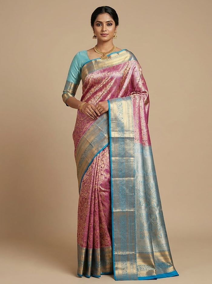 Rose Aqua Pattu Silk Saree — full drape front view