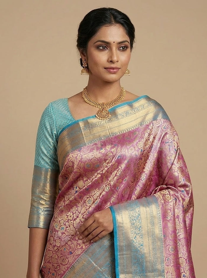Rose Aqua Pattu Silk Saree — pallu detail, gold zari border
