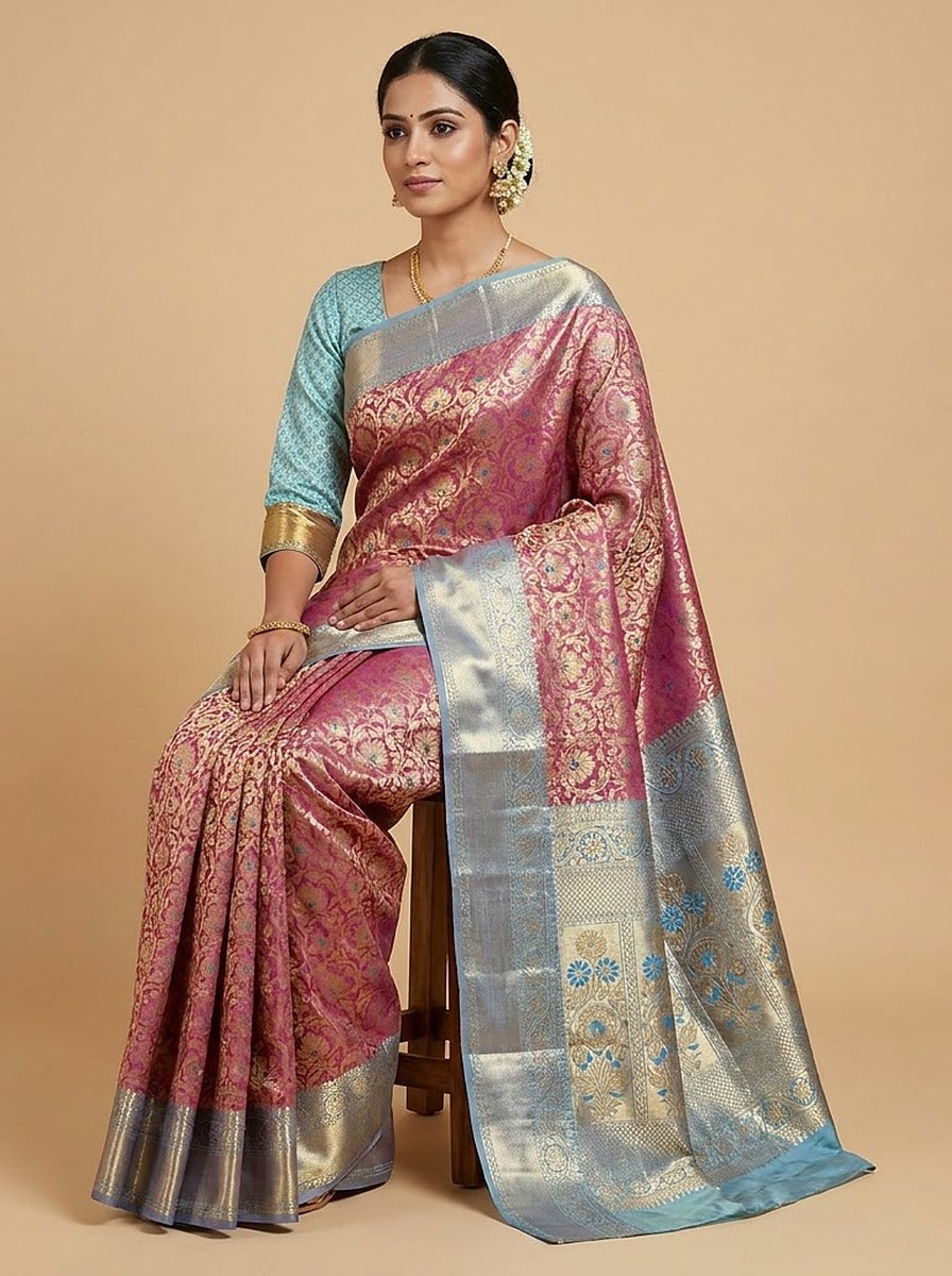 Rose Aqua Pattu Silk Saree — close-up pallu and blouse detail