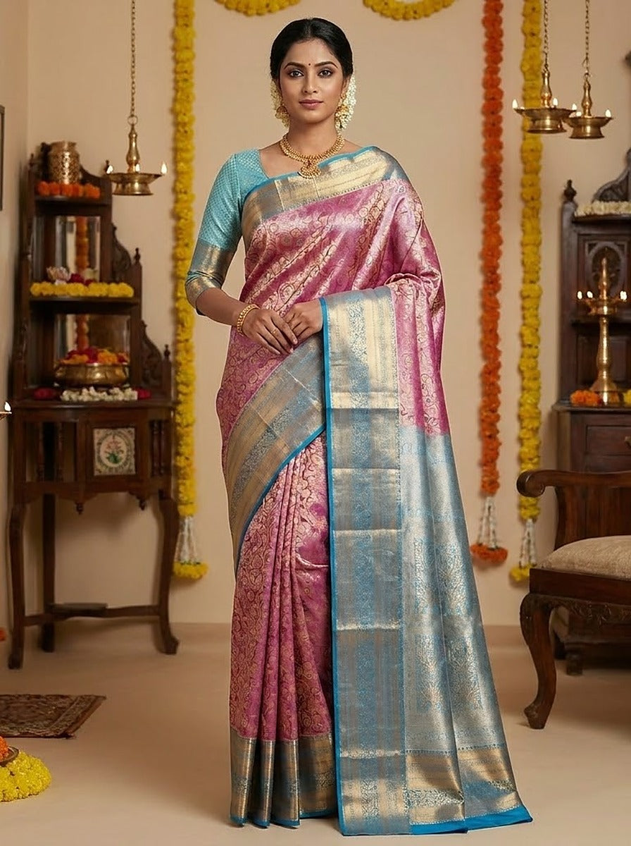 Rose Aqua Pattu Silk Saree — styled full-length view