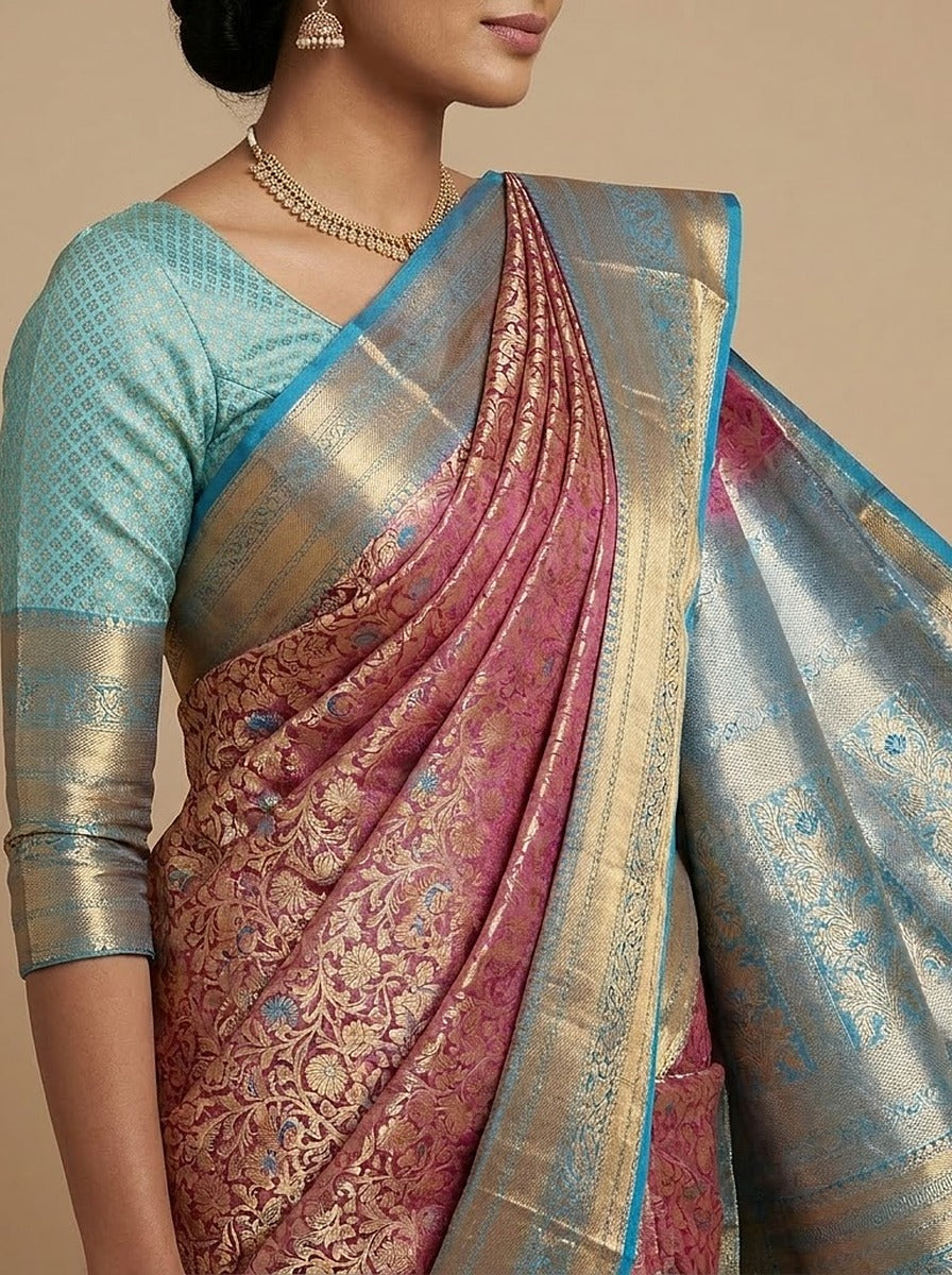 Rose Aqua Pattu Silk Saree — styled full-length view, alternate pose