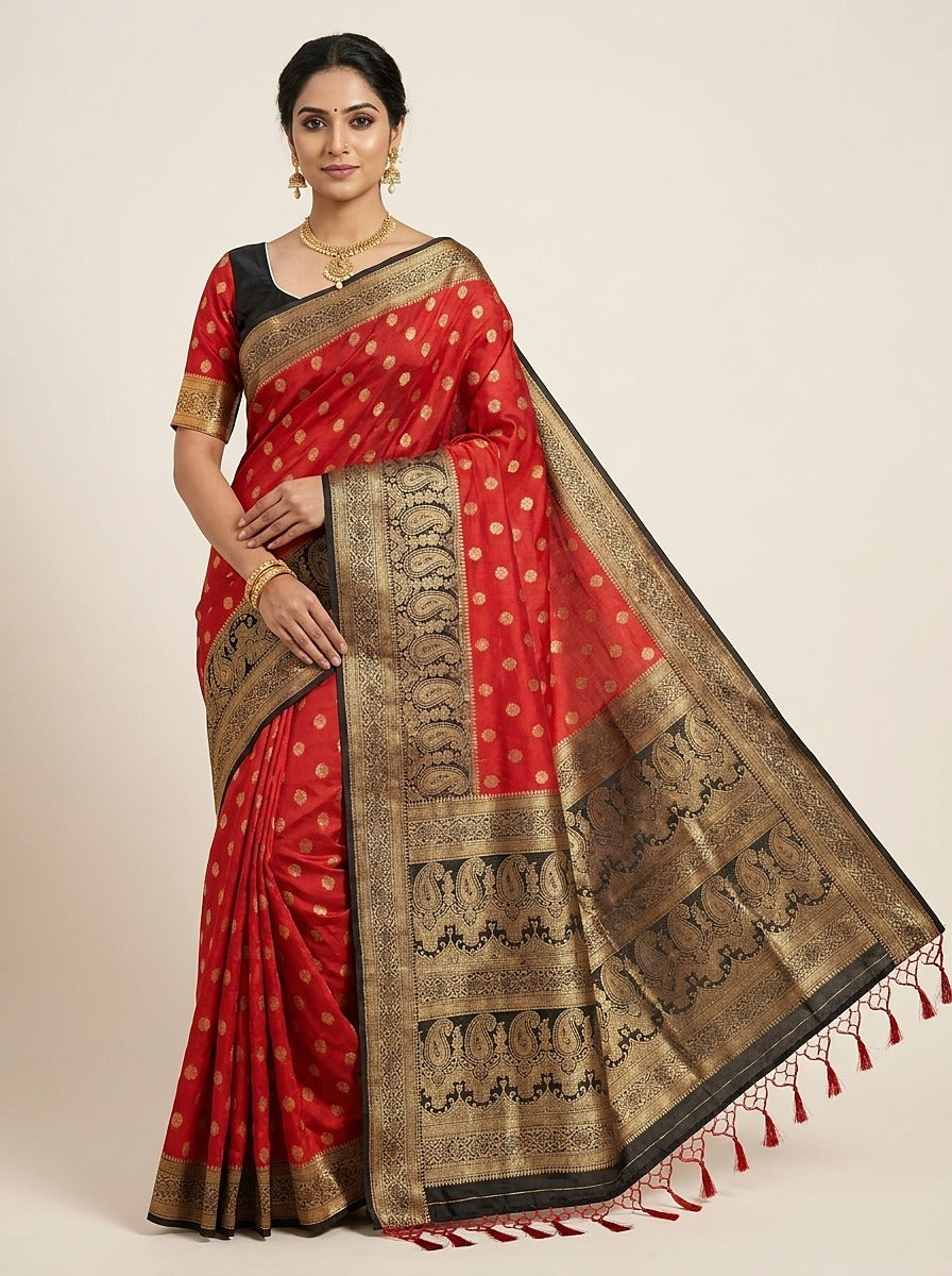 Scarlet Black Pattu Silk Saree — full drape front view