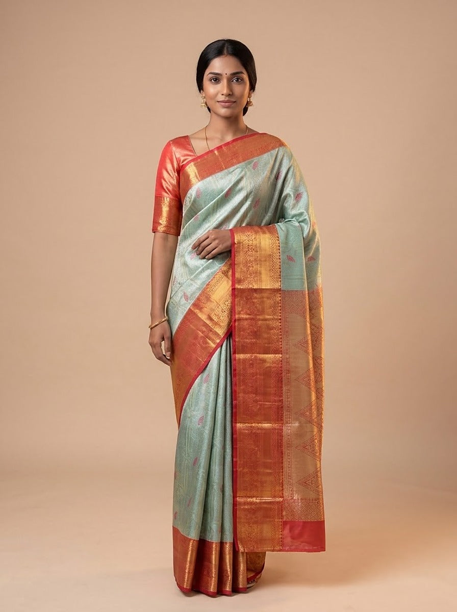 Seafoam Vermilion Pattu Silk Saree — full drape front view