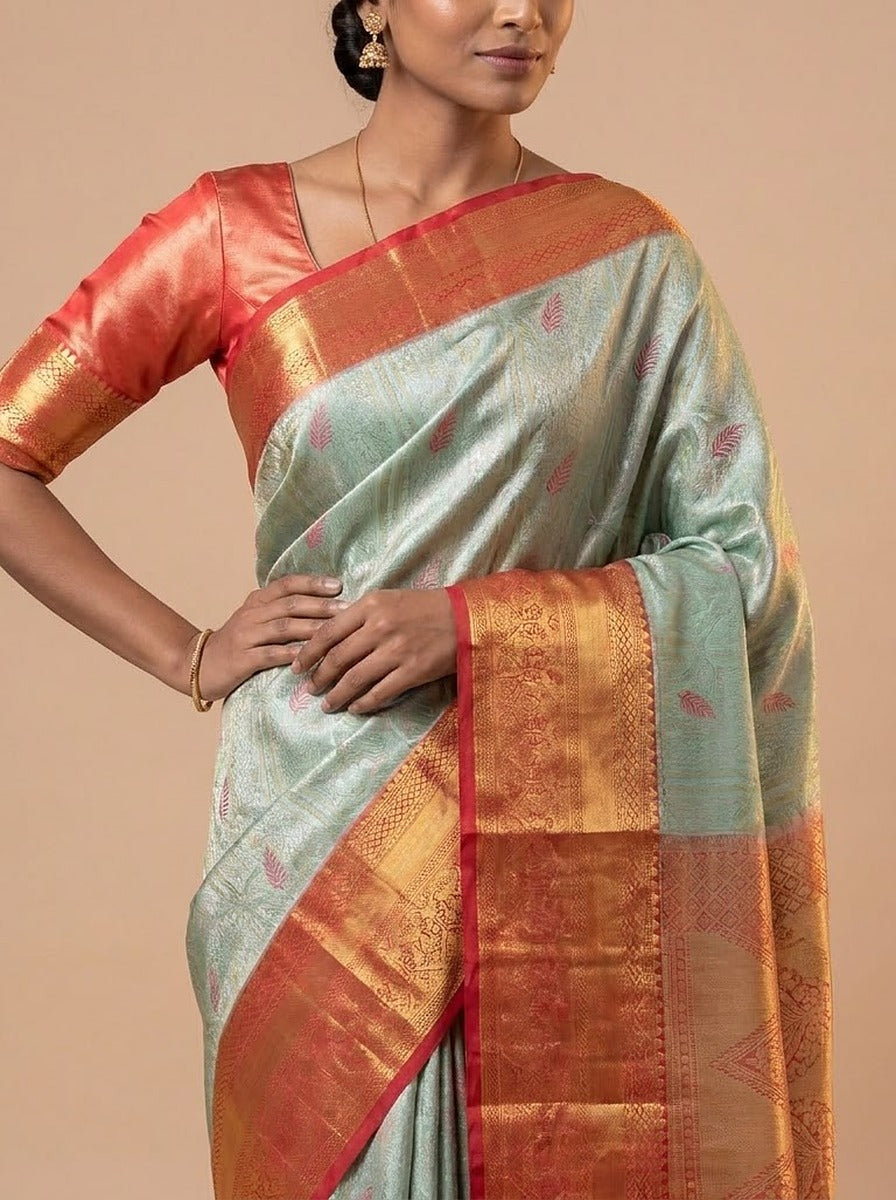 Seafoam Vermilion Pattu Silk Saree — pallu detail, gold zari border