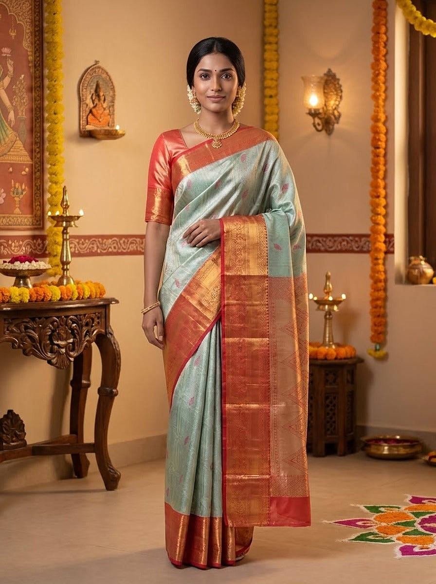 Seafoam Vermilion Pattu Silk Saree — close-up pallu and blouse detail