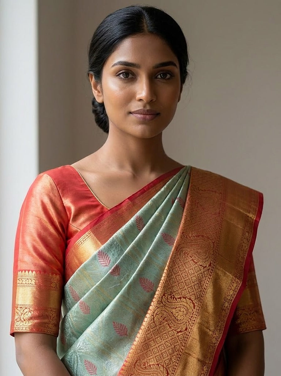 Seafoam Vermilion Pattu Silk Saree — styled full-length view