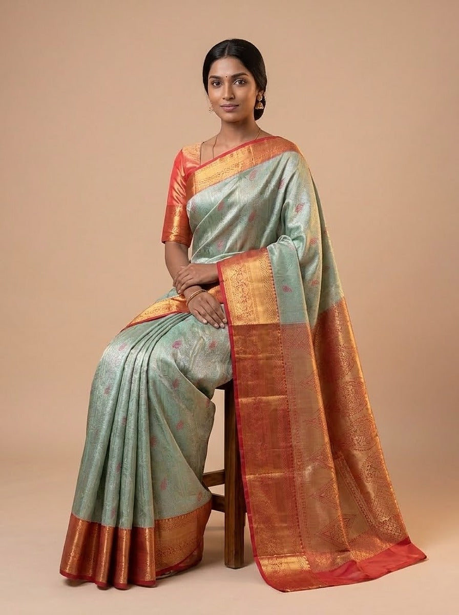 Seafoam Vermilion Pattu Silk Saree — styled full-length view, alternate pose
