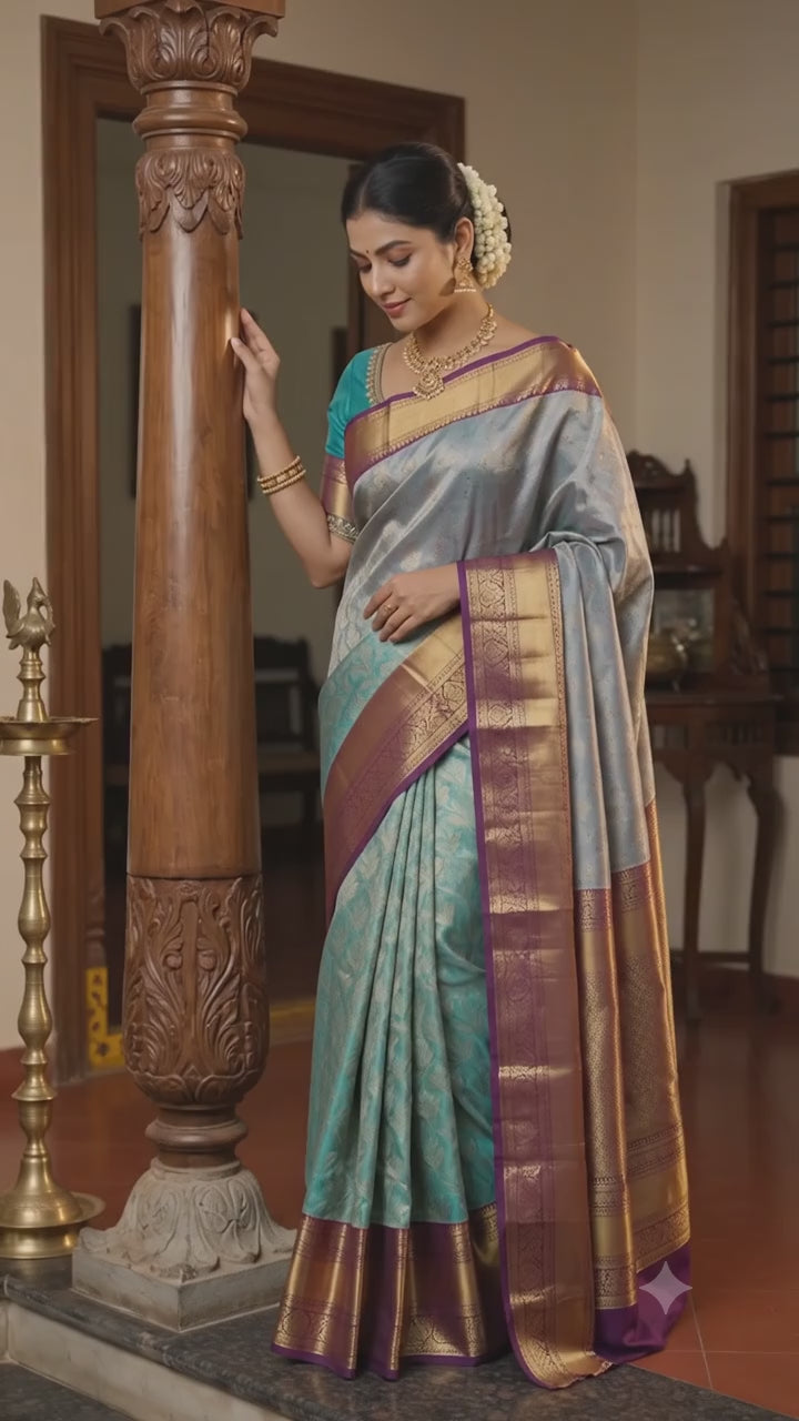 Teal Silver Pattu Silk Saree