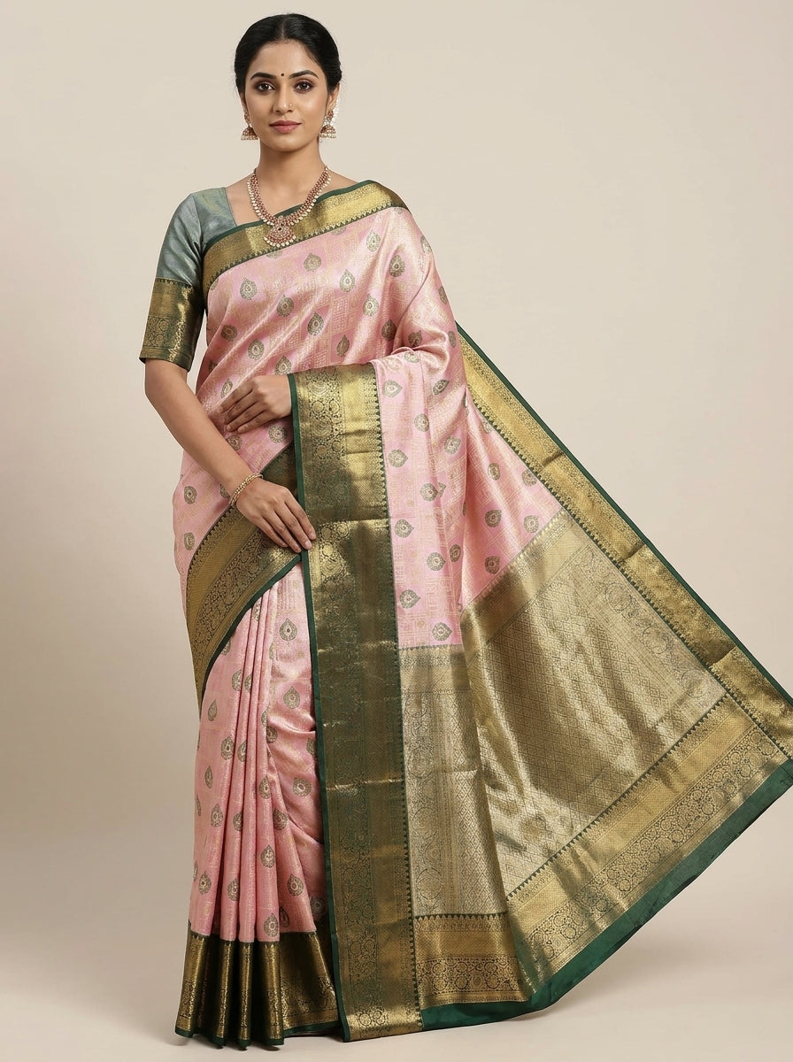 Rosy Pink Gold Buti Pattu Silk Saree