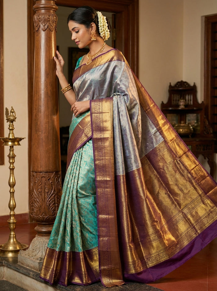 Teal Silver Pattu Silk Saree