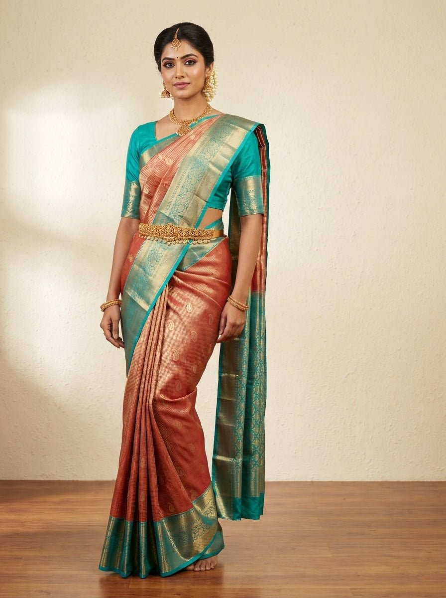 Rust Teal Pattu Silk Saree