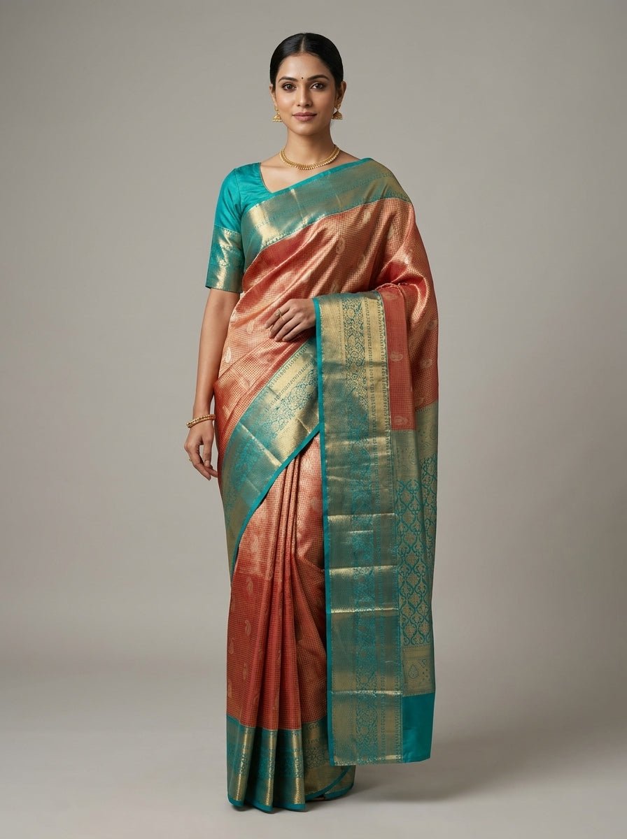 Rust Teal Pattu Silk Saree